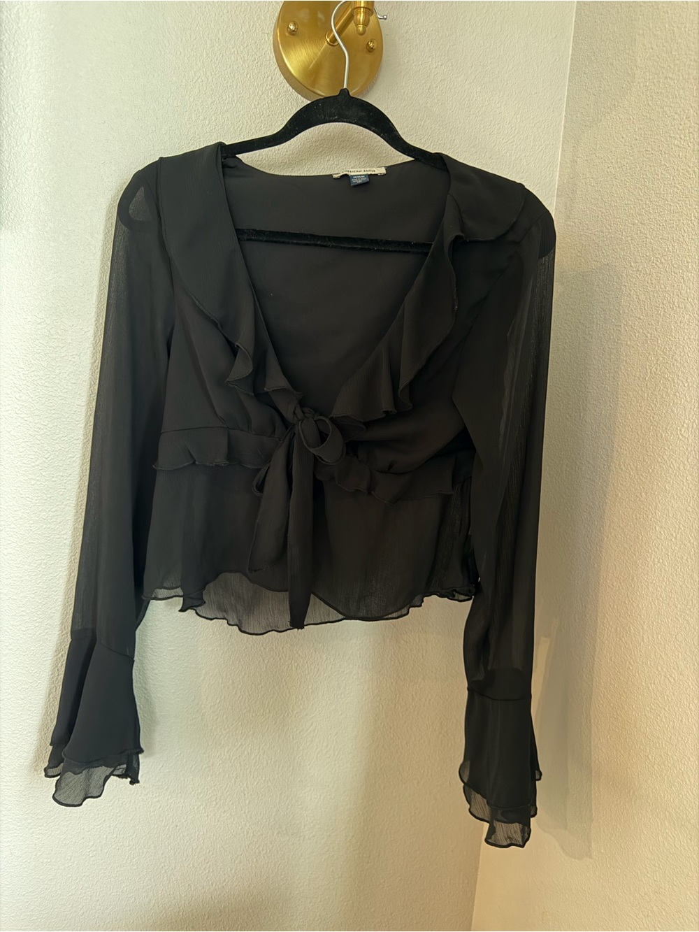 American Eagle Outfitters Black Sheer Ruffle Tie-Front Blouse